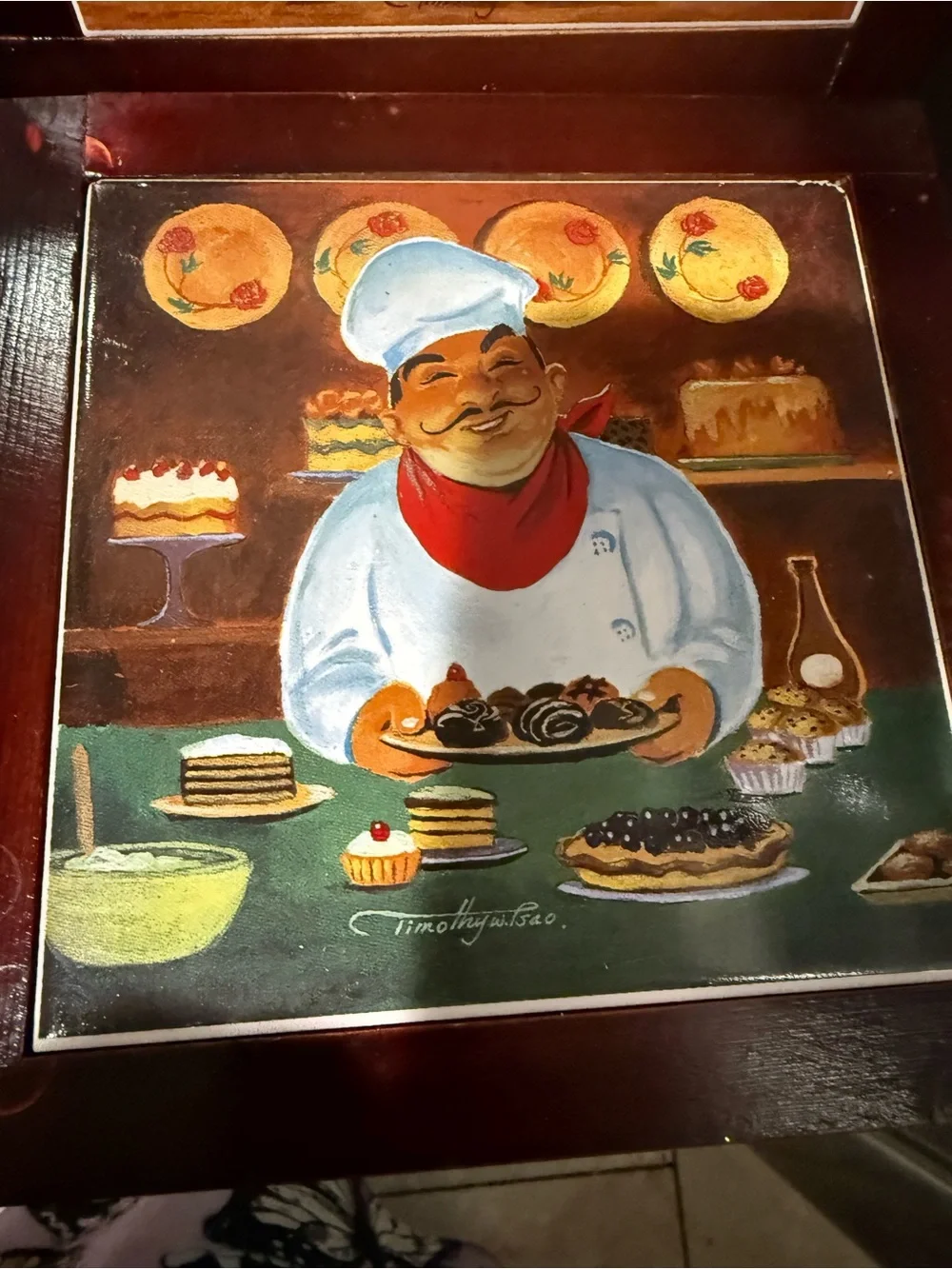 Chef Illustration Ceramic Tile Set - Red Wood Frame